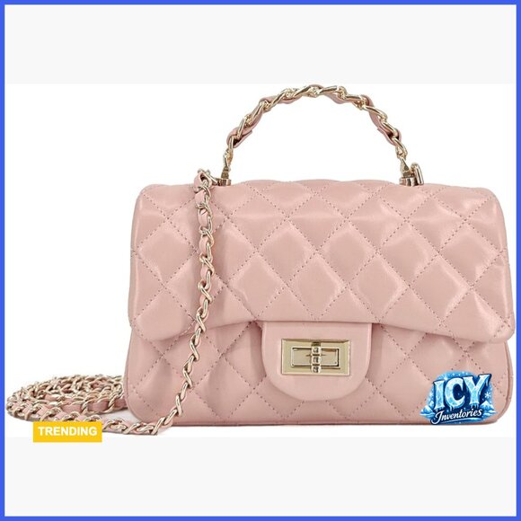 Handbags - Quilted Leather Crossbody Bag with Gold Chain Strap and Top Handle